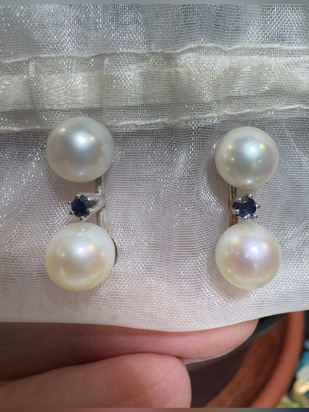 14k Double Pearl & Sapphire Earrings